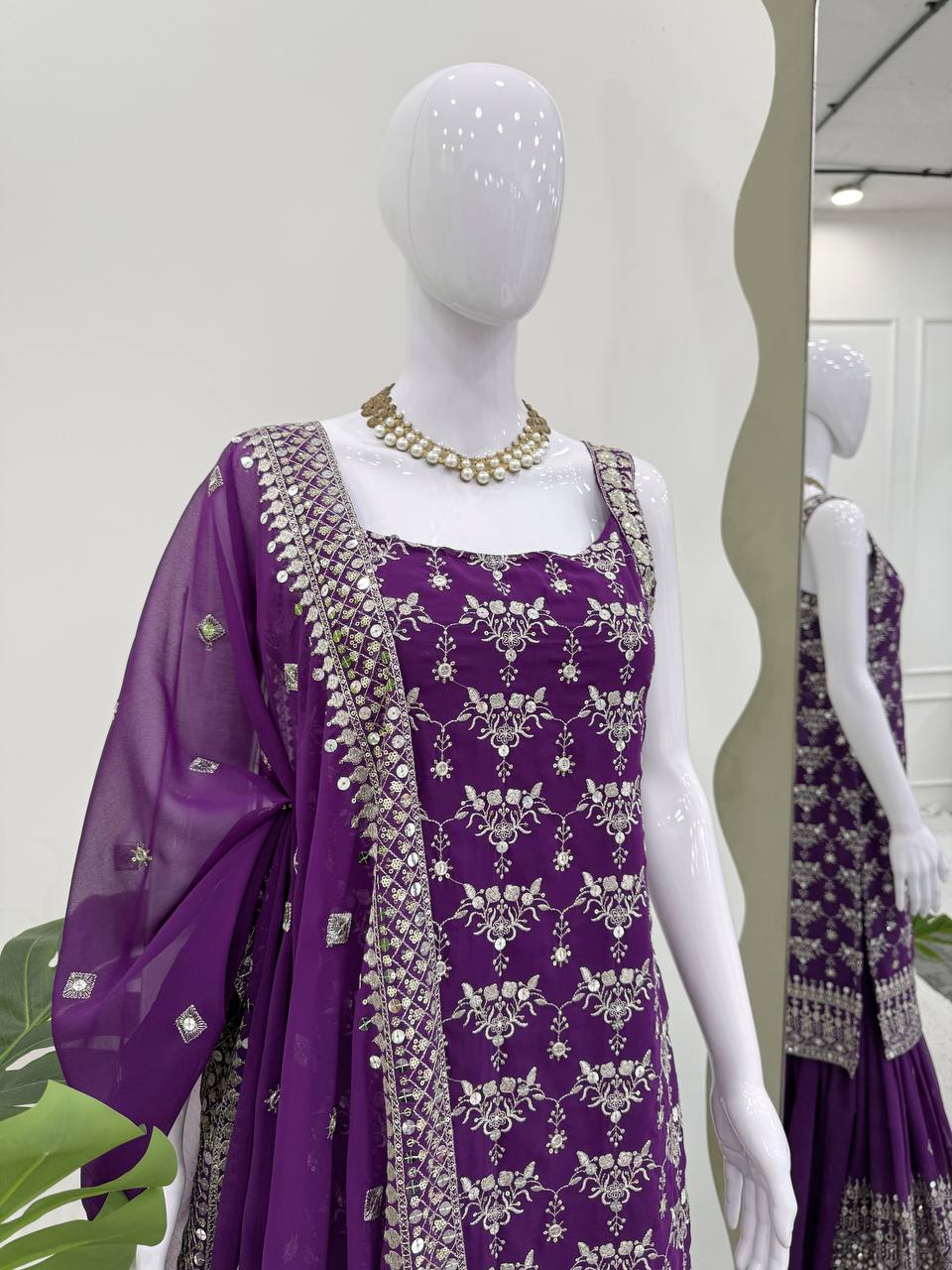 Party Wear Purple Color Soft Faux Georgette Thread Embroidery With Sequins Work Sharara Suit