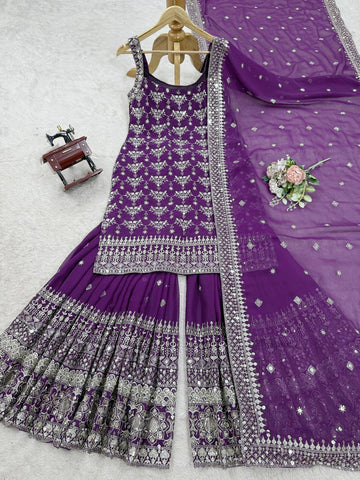 Party Wear Purple Color Soft Faux Georgette Thread Embroidery With Sequins Work Sharara Suit