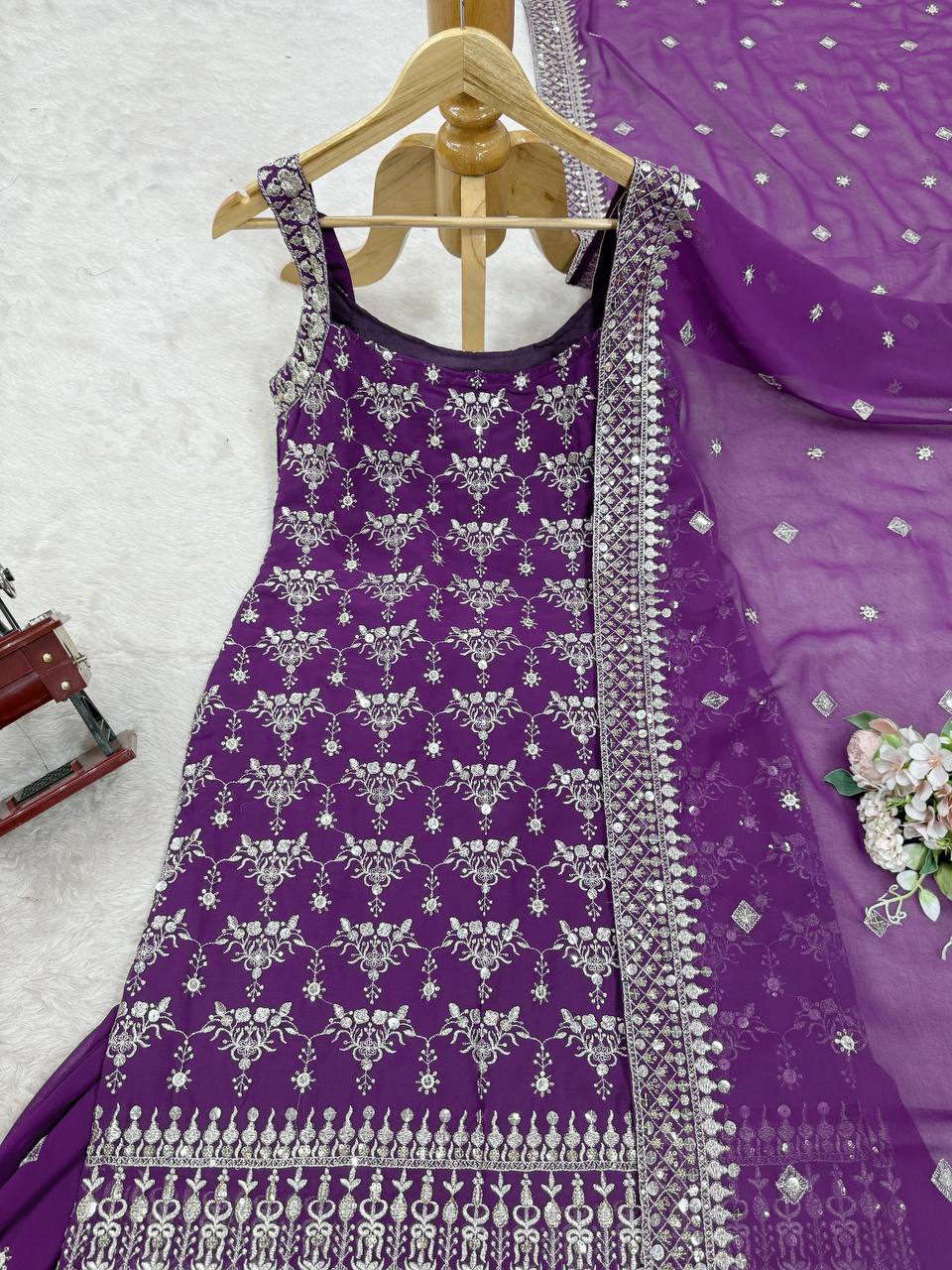 Party Wear Purple Color Soft Faux Georgette Thread Embroidery With Sequins Work Sharara Suit