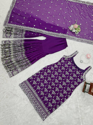 Party Wear Purple Color Soft Faux Georgette Thread Embroidery With Sequins Work Sharara Suit