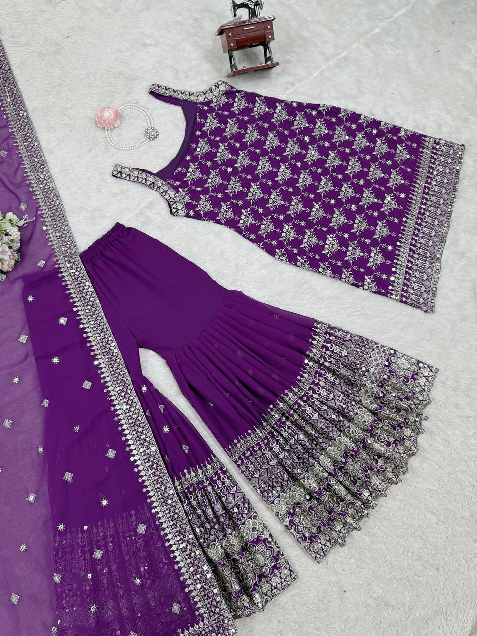 Party Wear Purple Color Soft Faux Georgette Thread Embroidery With Sequins Work Sharara Suit