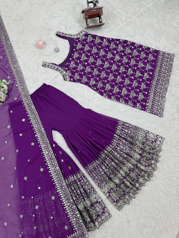 Party Wear Purple Color Soft Faux Georgette Thread Embroidery With Sequins Work Sharara Suit