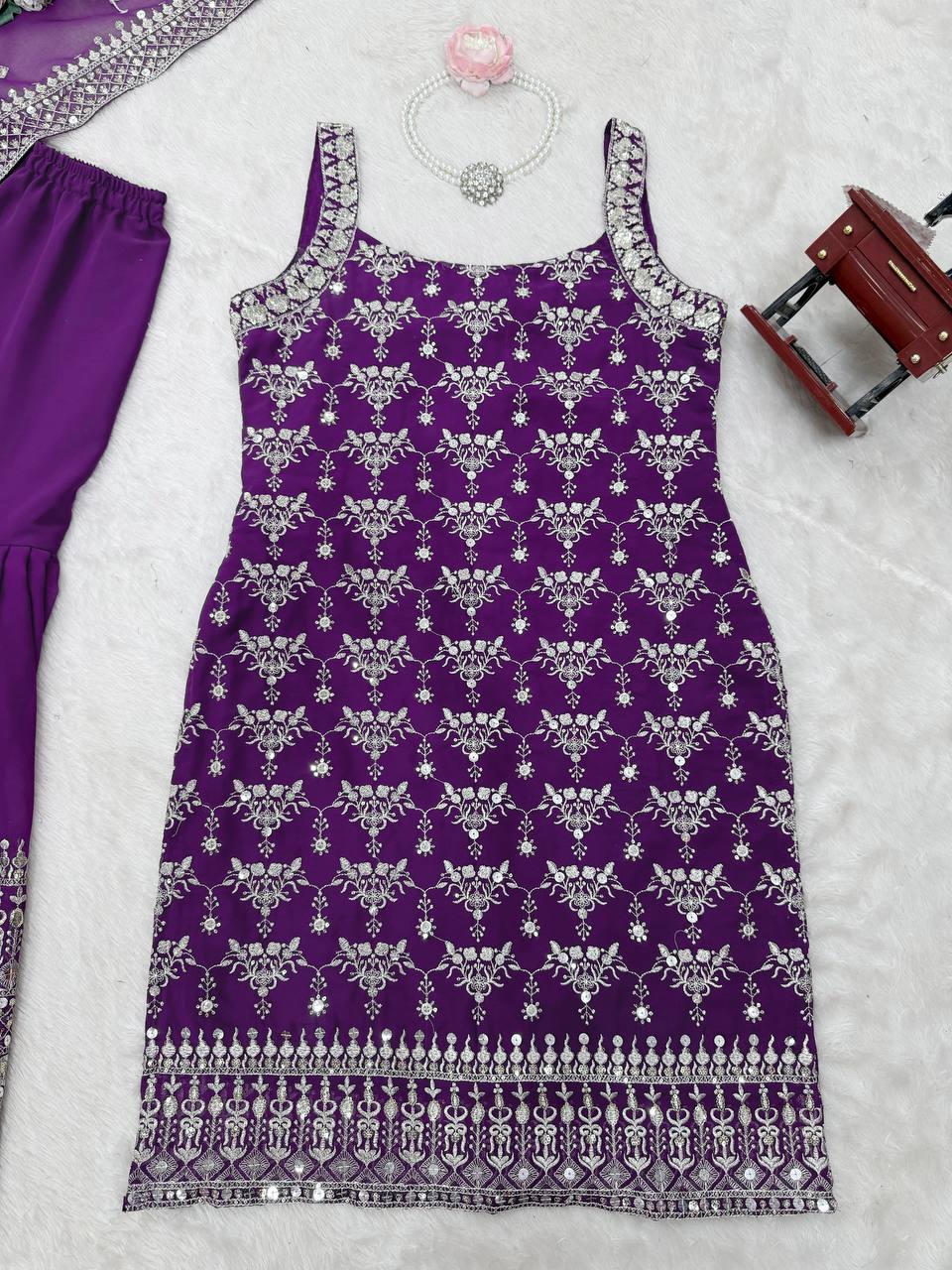 Party Wear Purple Color Soft Faux Georgette Thread Embroidery With Sequins Work Sharara Suit
