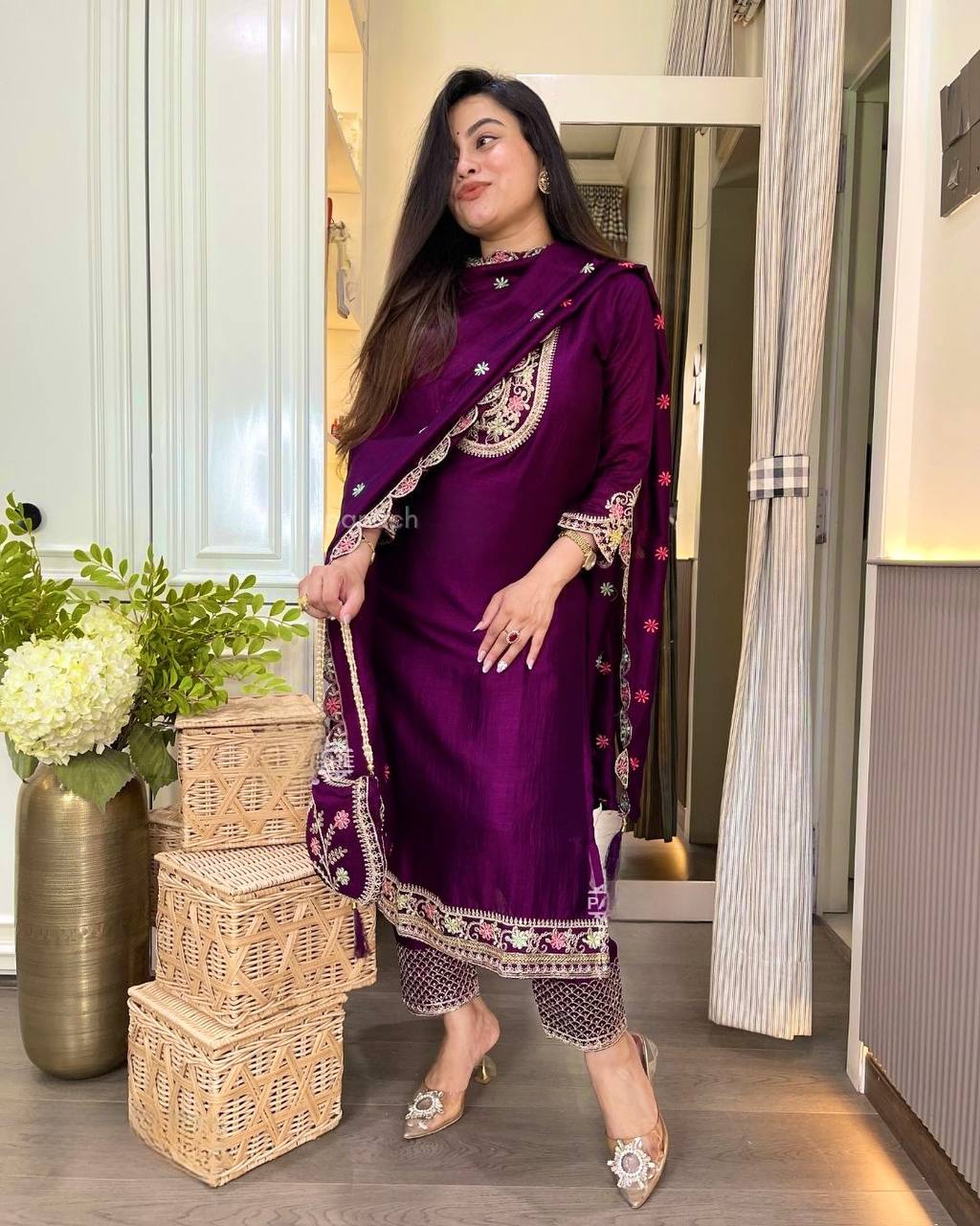 Beautiful Wine Color Chinon Silk Heavy Embroidered Work Pakistani Suit With Dupatta