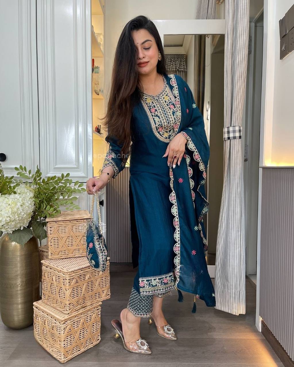 Beautiful Navy Blue Color Chinon Silk Heavy Embroidered Work Pakistani Suit With Dupatta