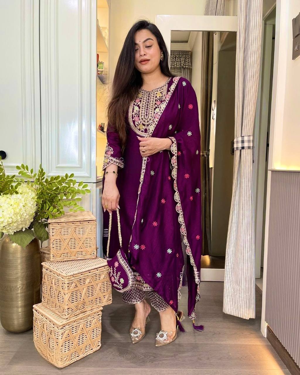 Beautiful Wine Color Chinon Silk Heavy Embroidered Work Pakistani Suit With Dupatta