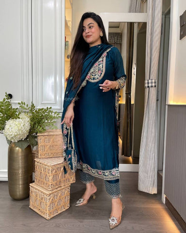 Beautiful Navy Blue Color Chinon Silk Heavy Embroidered Work Pakistani Suit With Dupatta