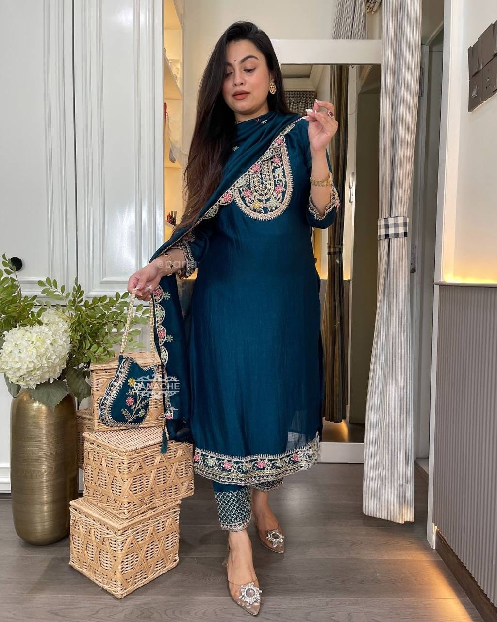 Beautiful Navy Blue Color Chinon Silk Heavy Embroidered Work Pakistani Suit With Dupatta