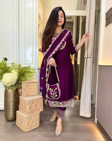 Beautiful Wine Color Chinon Silk Heavy Embroidered Work Pakistani Suit With Dupatta