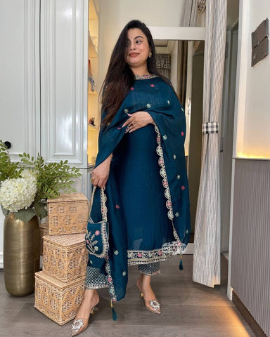 Beautiful Navy Blue Color Chinon Silk Heavy Embroidered Work Pakistani Suit With Dupatta