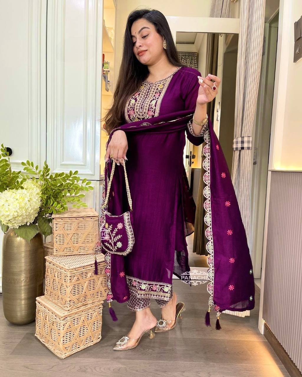 Beautiful Wine Color Chinon Silk Heavy Embroidered Work Pakistani Suit With Dupatta
