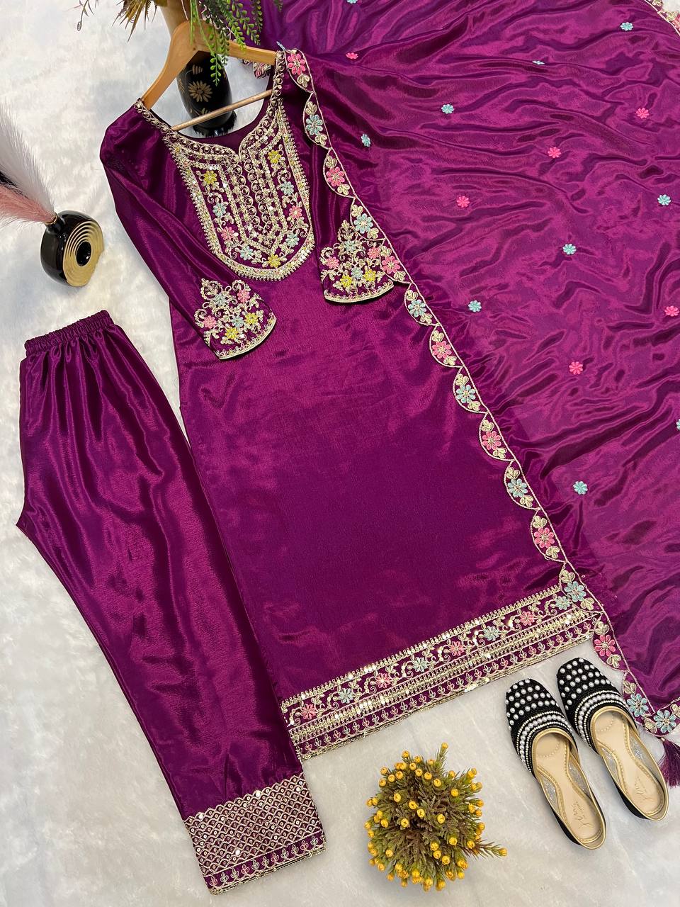 Beautiful Wine Color Chinon Silk Heavy Embroidered Work Pakistani Suit With Dupatta