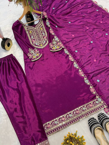 Beautiful Wine Color Chinon Silk Heavy Embroidered Work Pakistani Suit With Dupatta