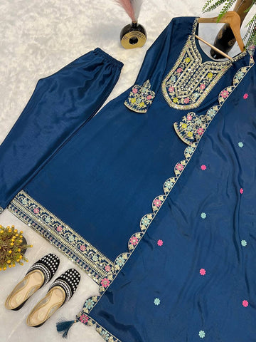 Beautiful Navy Blue Color Chinon Silk Heavy Embroidered Work Pakistani Suit With Dupatta