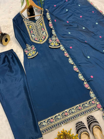 Beautiful Navy Blue Color Chinon Silk Heavy Embroidered Work Pakistani Suit With Dupatta