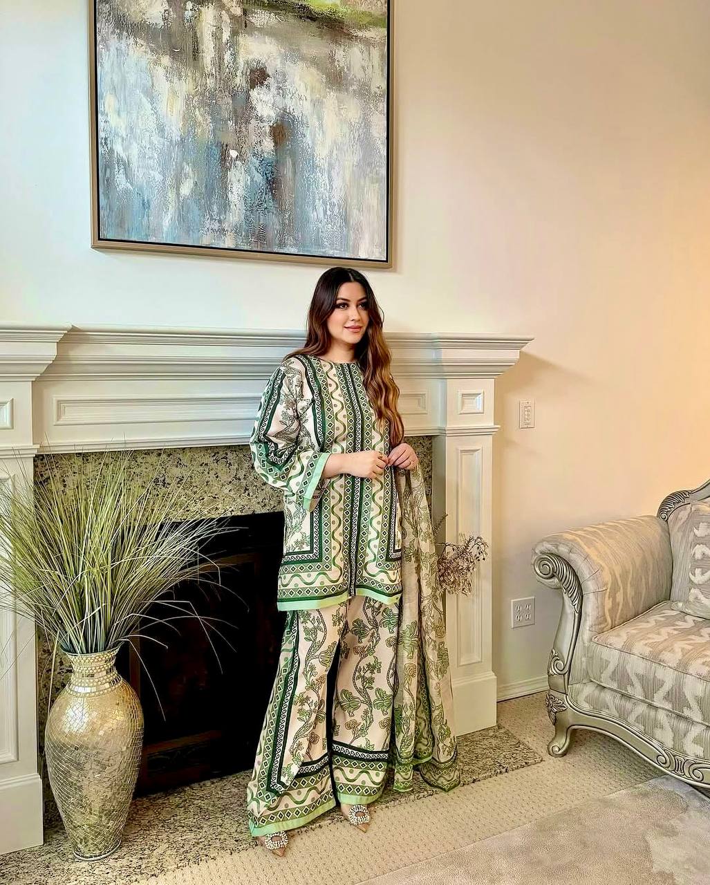 Sangeet Wear Wear Green Color Pure Natural Crepe Matching Digital Printed Co-ord Palazzo Suit Set