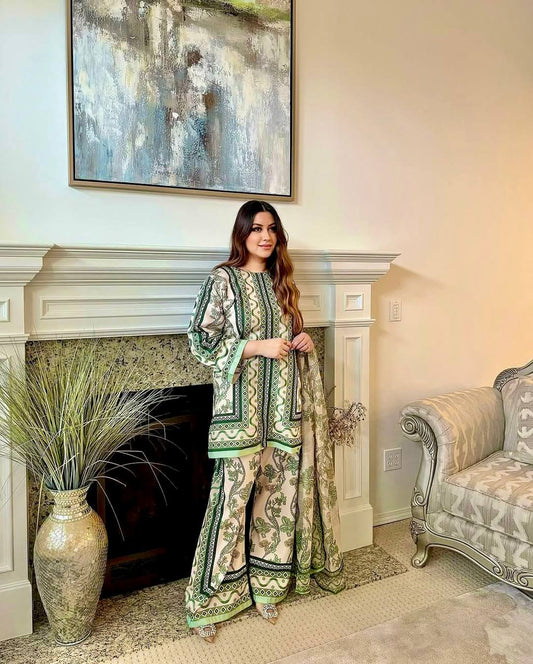 Sangeet Wear Wear Green Color Pure Natural Crepe Matching Digital Printed Co-ord Palazzo Suit Set
