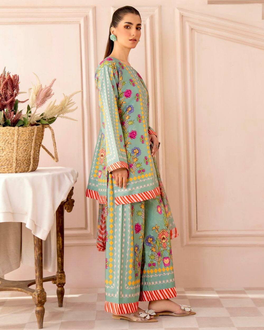 Festive Wear Light Green Color Pure Natural Crepe Matching Digital Printed Co-ord Palazzo Suit Set