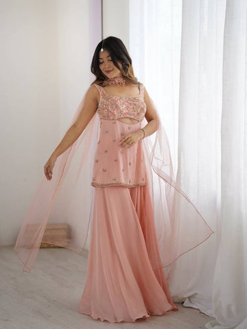 Beautiful Wedding Wear Indo Western Peach Color Sequence Embroidered Outfit With Dupatta