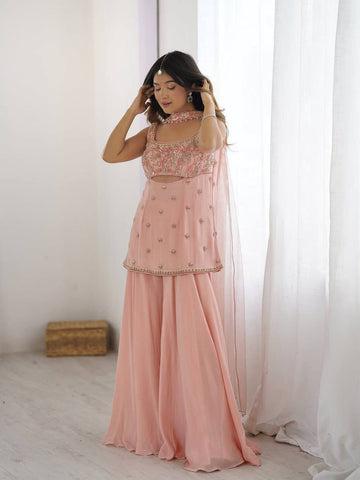 Beautiful Wedding Wear Indo Western Peach Color Sequence Embroidered Outfit With Dupatta