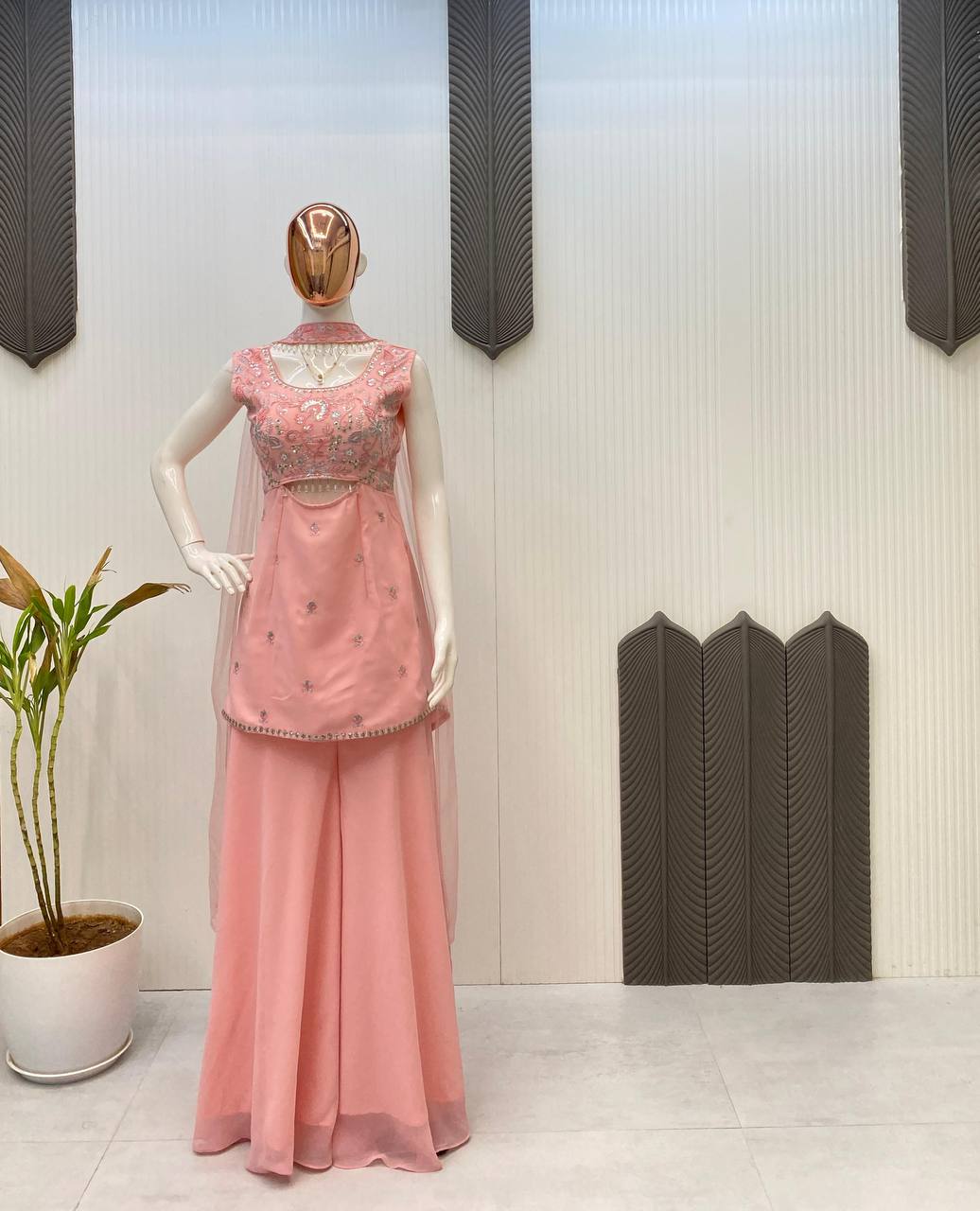 Beautiful Wedding Wear Indo Western Peach Color Sequence Embroidered Outfit With Dupatta