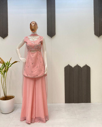 Beautiful Wedding Wear Indo Western Peach Color Sequence Embroidered Outfit With Dupatta