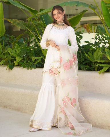 Beautiful White Color Embroidery And Sequin Work Sharara Suit