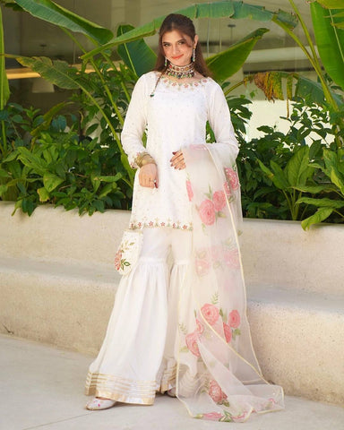 Beautiful White Color Embroidery And Sequin Work Sharara Suit