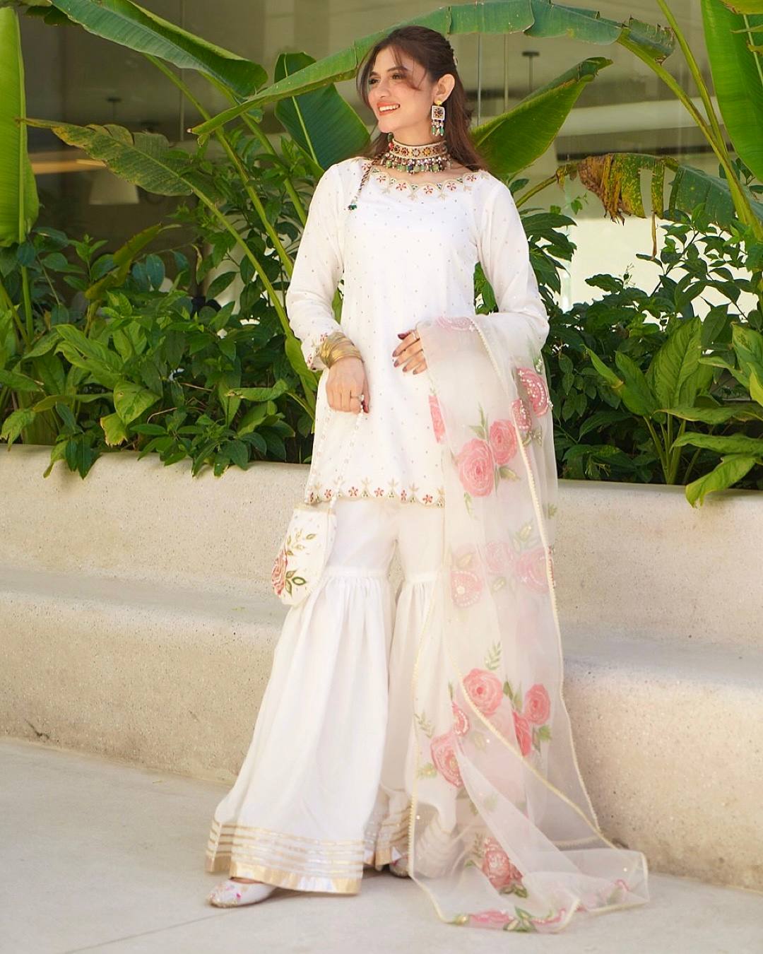 Beautiful White Color Embroidery And Sequin Work Sharara Suit
