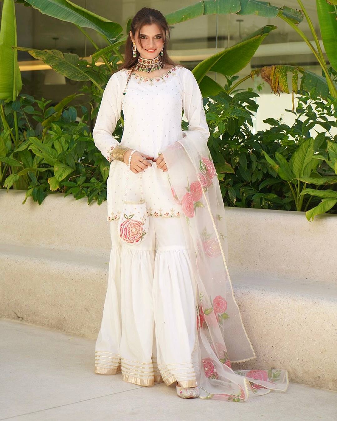 Beautiful White Color Embroidery And Sequin Work Sharara Suit