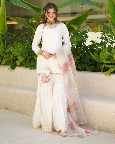 Beautiful White Color Embroidery And Sequin Work Sharara Suit