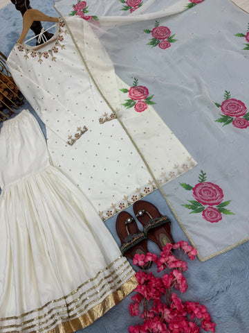 Beautiful White Color Embroidery And Sequin Work Sharara Suit