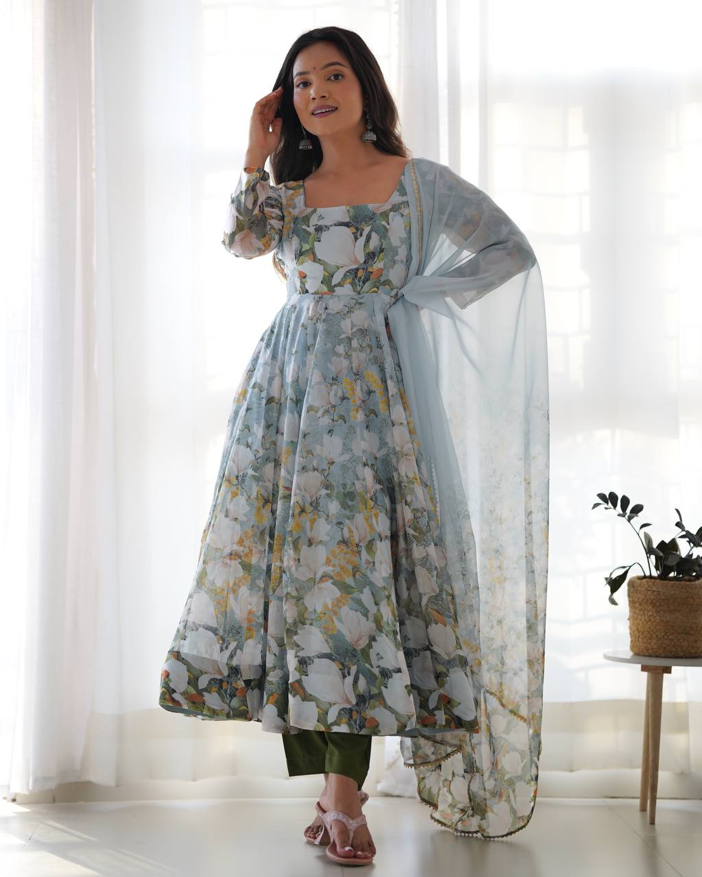 Festive Wear Multi Color Heavy Pure Soft Organza Silk With Floral Printed Designer Anarkali Gown