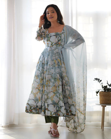 Festive Wear Multi Color Heavy Pure Soft Organza Silk With Floral Printed Designer Anarkali Gown