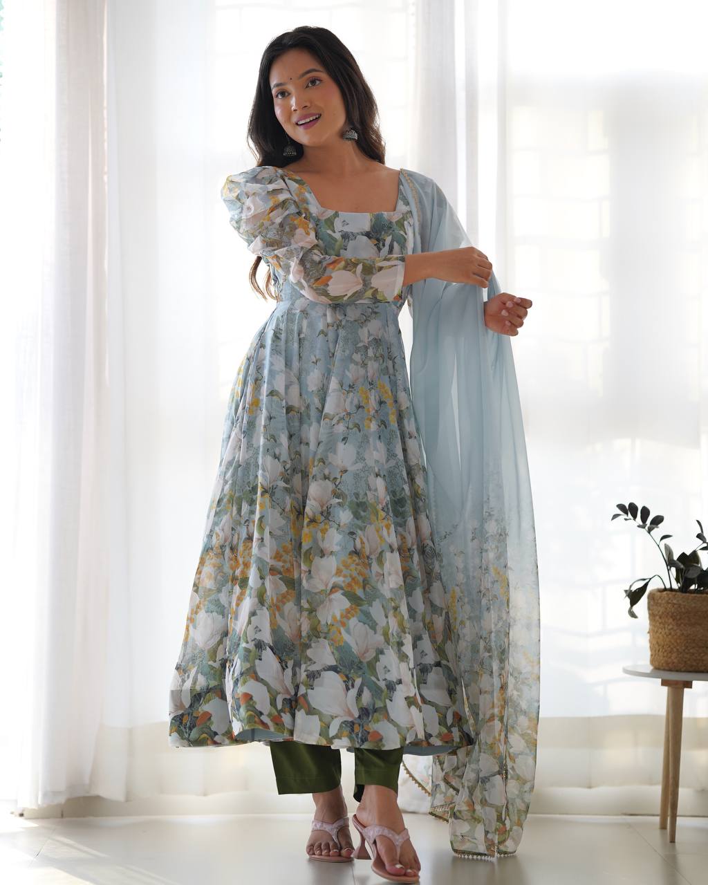 Festive Wear Multi Color Heavy Pure Soft Organza Silk With Floral Printed Designer Anarkali Gown