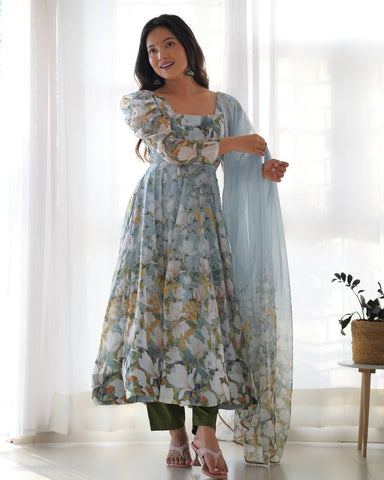 Festive Wear Multi Color Heavy Pure Soft Organza Silk With Floral Printed Designer Anarkali Gown