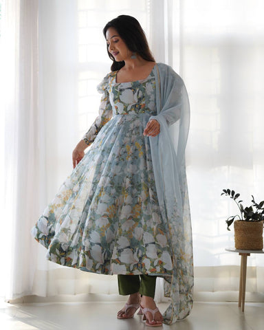 Festive Wear Multi Color Heavy Pure Soft Organza Silk With Floral Printed Designer Anarkali Gown