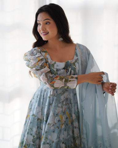 Festive Wear Multi Color Heavy Pure Soft Organza Silk With Floral Printed Designer Anarkali Gown