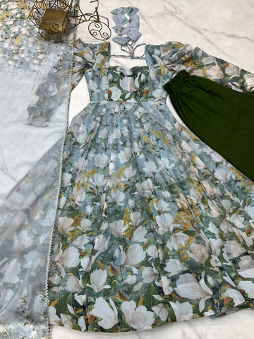 Festive Wear Multi Color Heavy Pure Soft Organza Silk With Floral Printed Designer Anarkali Gown