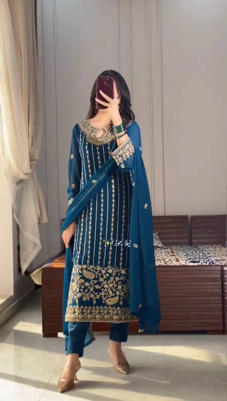 Wedding Wear Teal Blue Color Heavy Chinon Silk With Embroidery Sequence Work Salwar Suit
