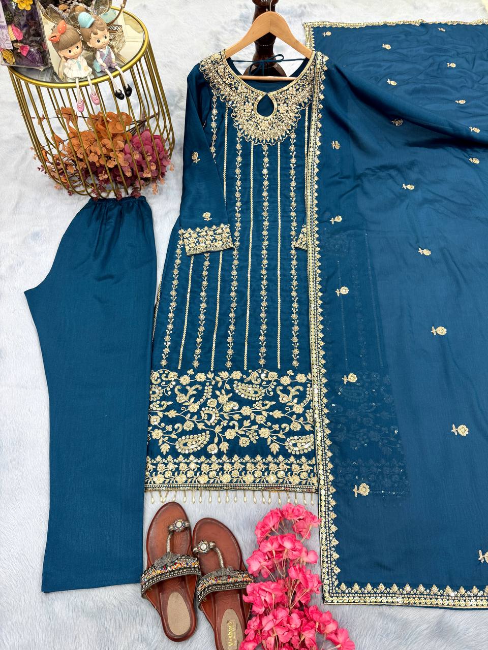 Wedding Wear Teal Blue Color Heavy Chinon Silk With Embroidery Sequence Work Salwar Suit