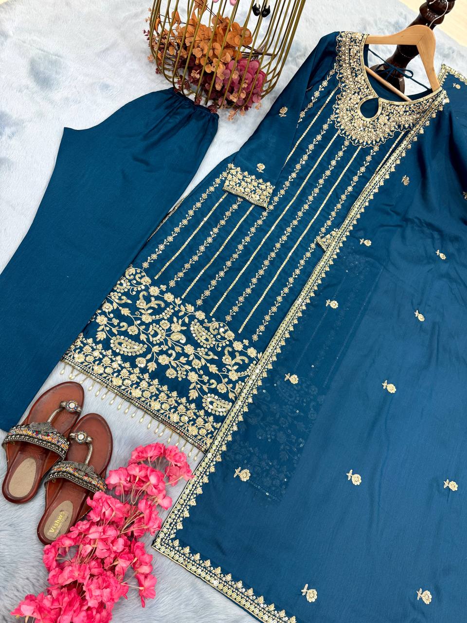 Wedding Wear Teal Blue Color Heavy Chinon Silk With Embroidery Sequence Work Salwar Suit