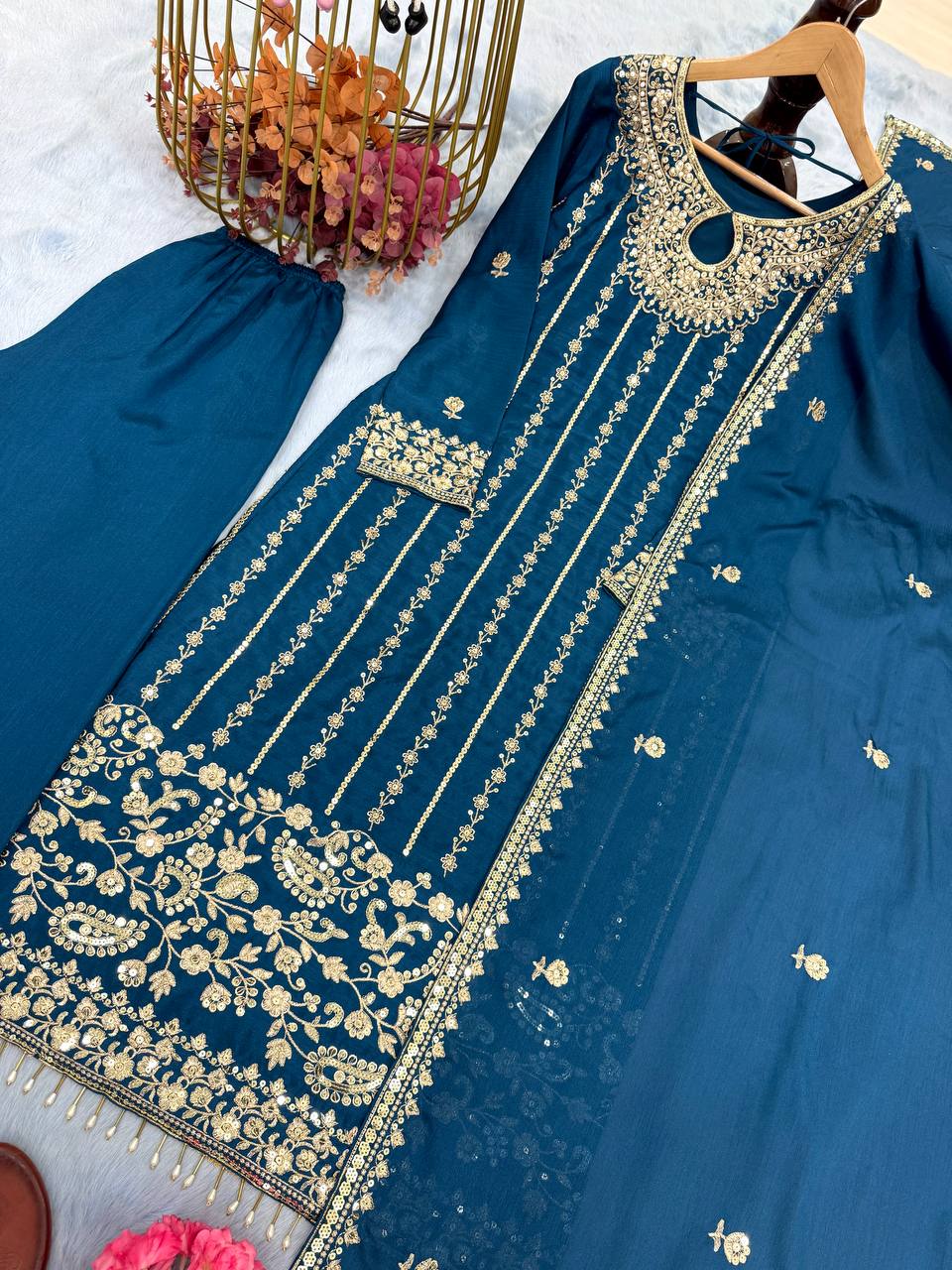 Wedding Wear Teal Blue Color Heavy Chinon Silk With Embroidery Sequence Work Salwar Suit