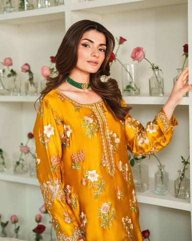 Wedding Wear Yellow Color Natural Crepe Silk Elegant Embroidery and Sequin Work Palazzo Suit