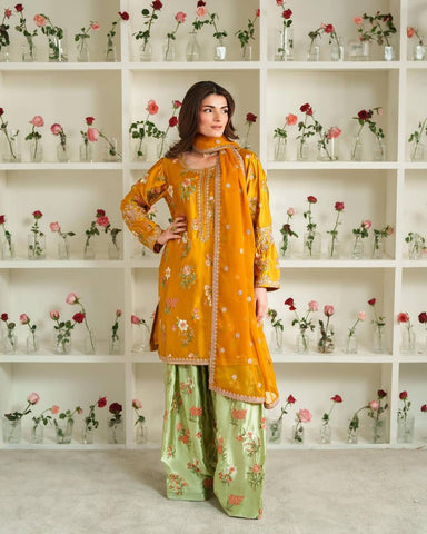 Wedding Wear Yellow Color Natural Crepe Silk Elegant Embroidery and Sequin Work Palazzo Suit