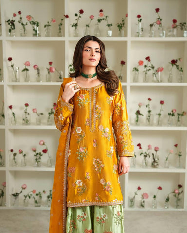Wedding Wear Yellow Color Natural Crepe Silk Elegant Embroidery and Sequin Work Palazzo Suit