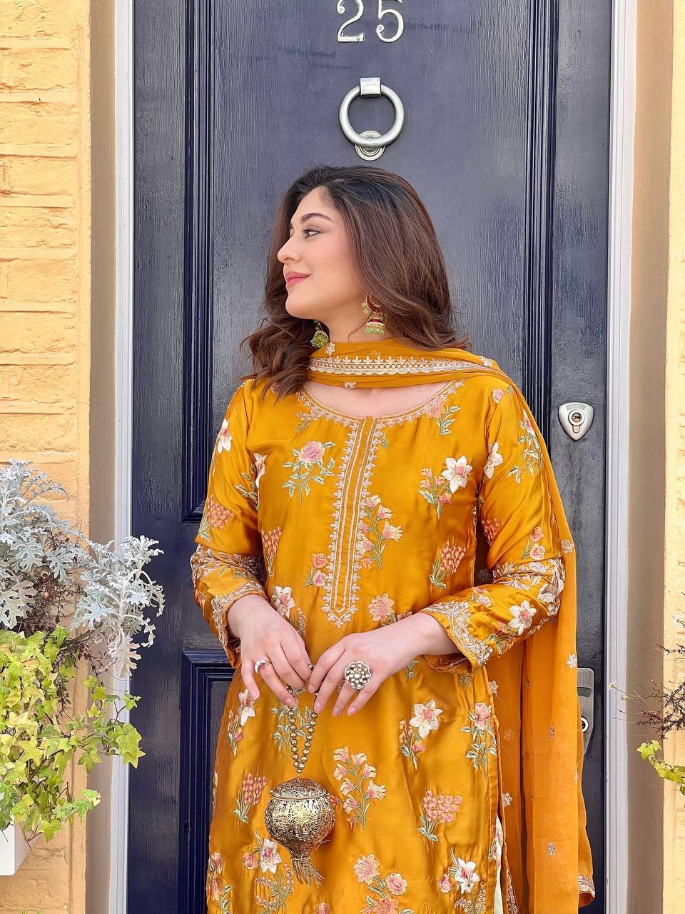 Wedding Wear Yellow Color Natural Crepe Silk Elegant Embroidery and Sequin Work Palazzo Suit