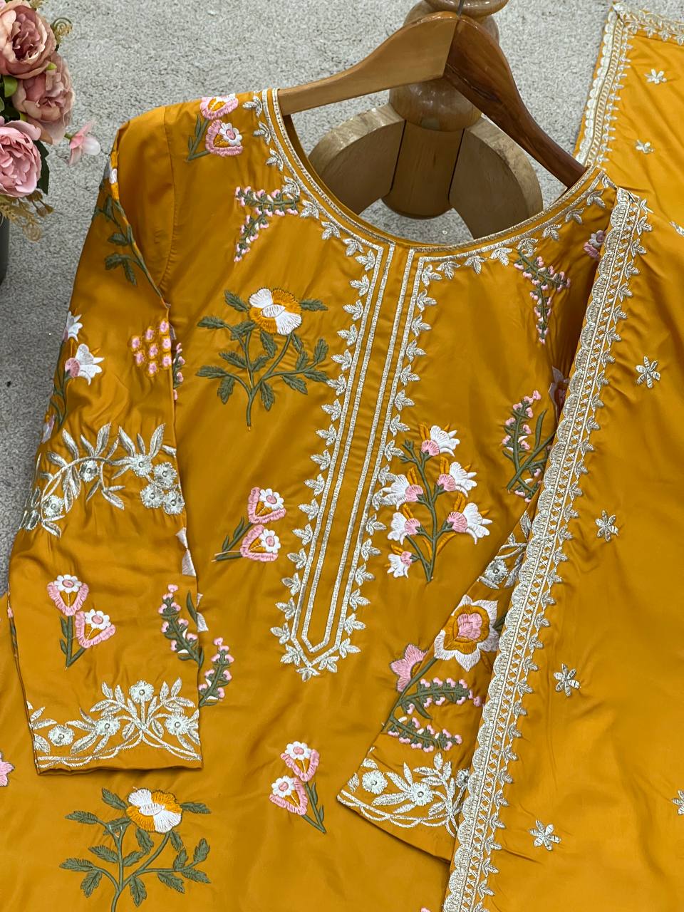Wedding Wear Yellow Color Natural Crepe Silk Elegant Embroidery and Sequin Work Palazzo Suit