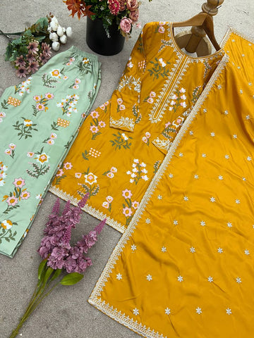Wedding Wear Yellow Color Natural Crepe Silk Elegant Embroidery and Sequin Work Palazzo Suit