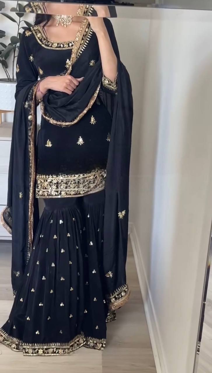 Beautiful Black Color Heavy Embroidered Work Sharara Suit With Dupatta